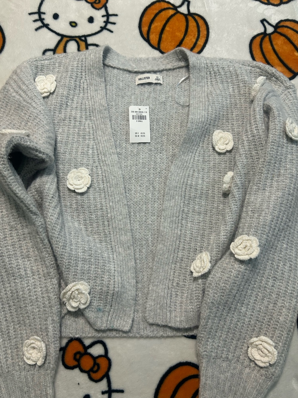Hollister Light Gray Knit Cardigan with Cream Floral Appliqués
